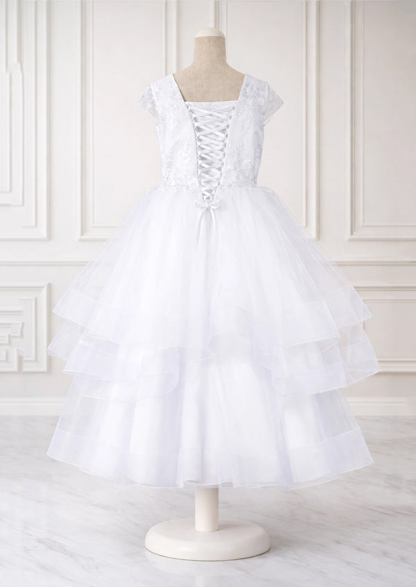 White tiered lace up flower girl dress back view