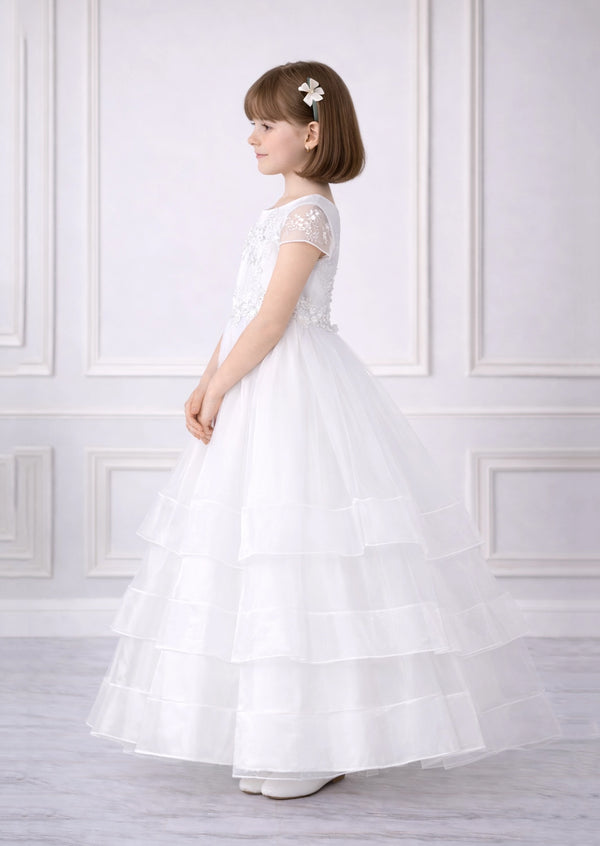 Cap Sleeve Tiered White Dress for Girls | First Communion Dress
