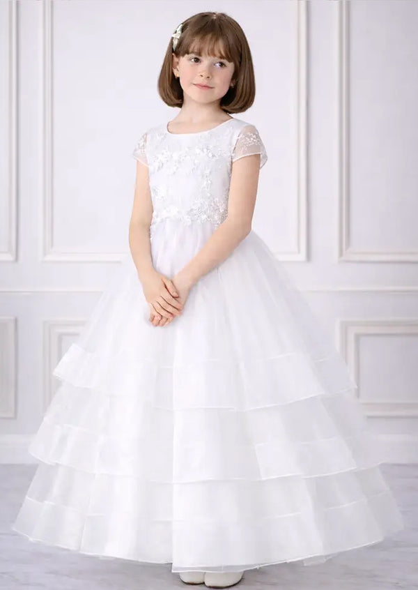 Cap Sleeve Tiered White Dress for Girls | First Communion Dress