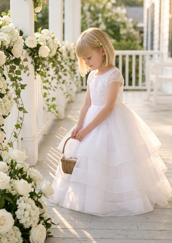 Cap Sleeve Tiered White Dress for Girls | First Communion Dress