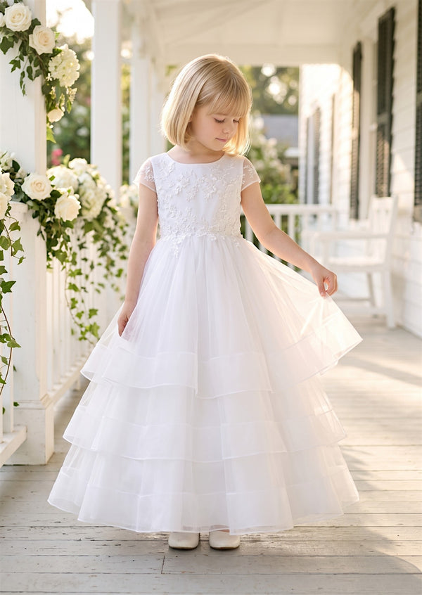 Cap Sleeve Tiered White Dress for Girls | First Communion Dress