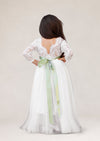 White Boho Flower Girl Dress with Sage Sash
