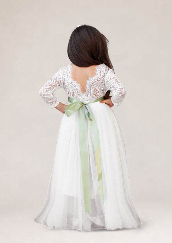 White Boho Flower Girl Dress with Sage Sash