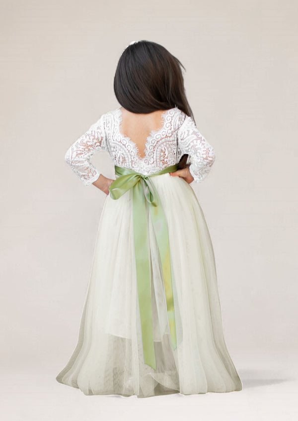Ivory Flower Girl Dress with Sage Sash for Toddlers