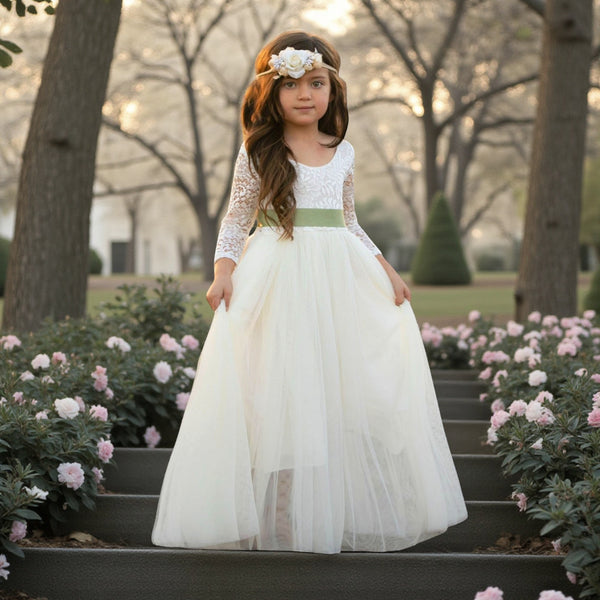 Toddler Ivory Long Sleeve Lace Flower Girl Dresses Boho Wedding Style