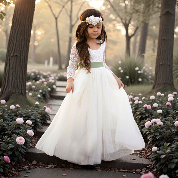 Ivory Long Sleeve Lace Flower Girl Dresses Boho Wedding Style