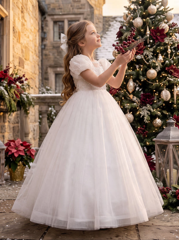White Special Occasion Gown for Girls | Flower Girl & Communion Dress