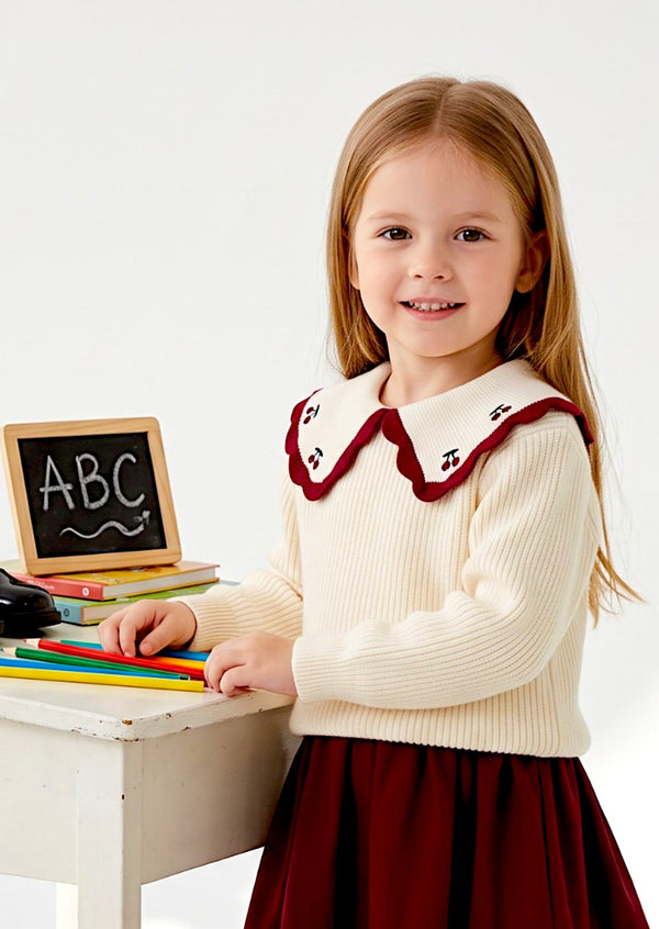 girls Cherry Collar Pullover Sweater with Burgundy
