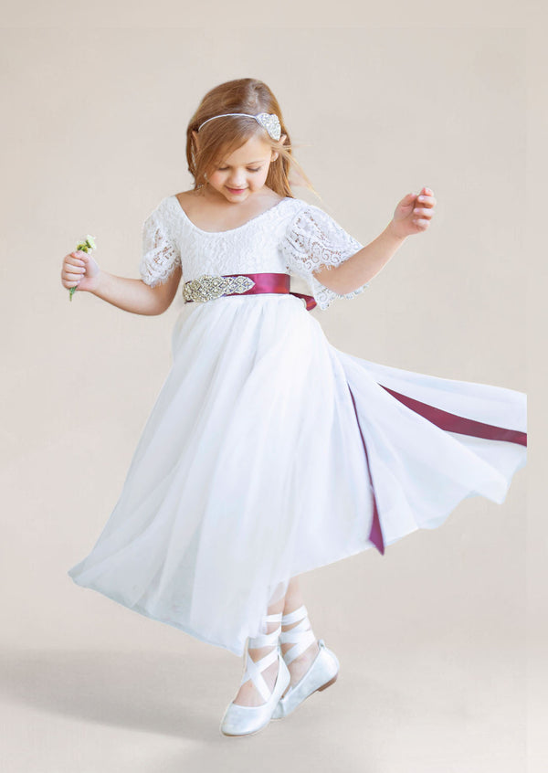 White Flutter Sleeve Flower Girl Dresses for Toddlers