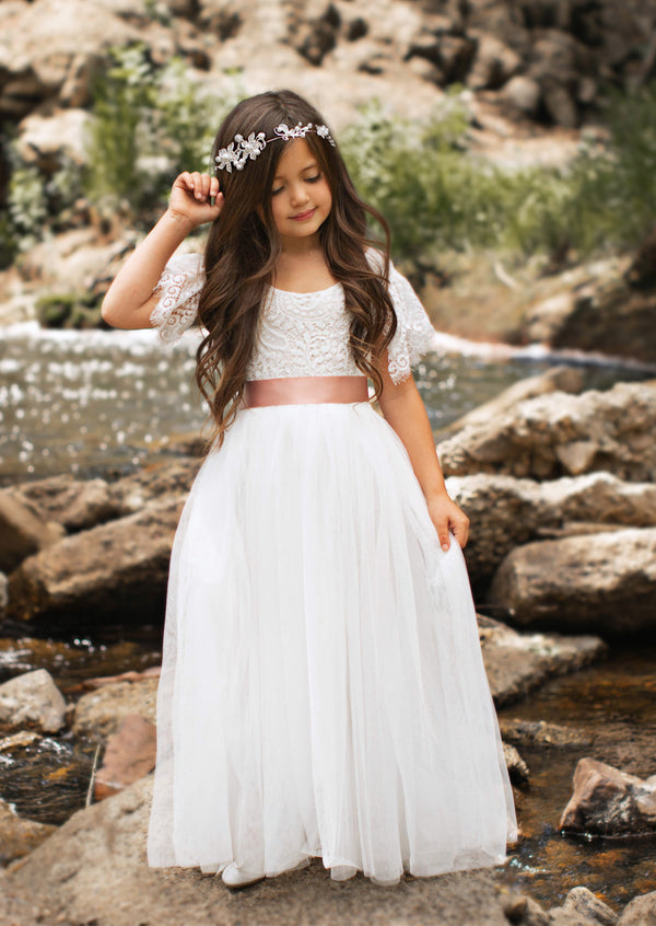 Flutter Sleeve Boho Ivory Flower Girl Dress for Toddlers