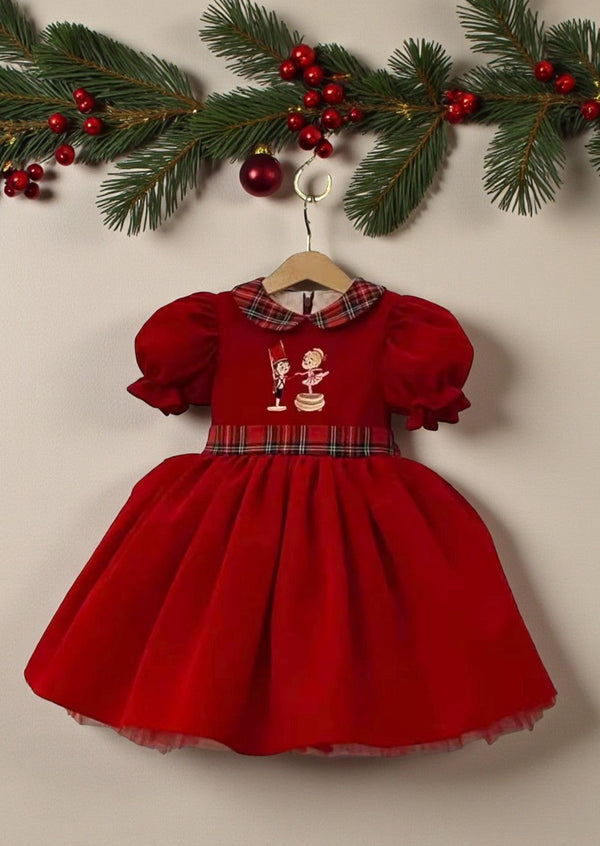 Nutcracker Ballet Velvet Embroidered Dress In Deep Red (0-3M to 12Yr)