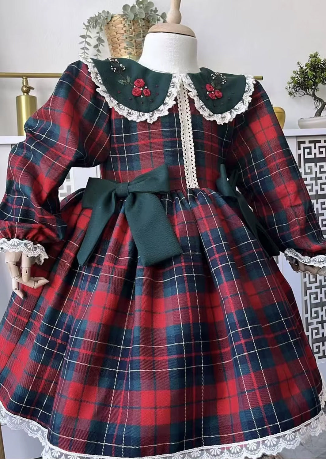 Ribbon Candy Embroidered Christmas Dress in Deep Plaid (0-3M to 12Yr)