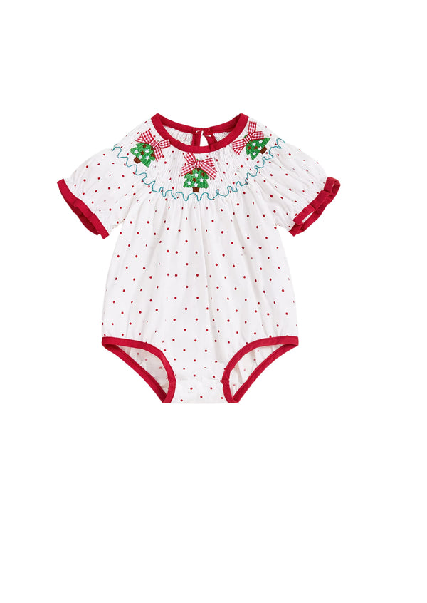 Christmas Trees Smocked Romper || White Red