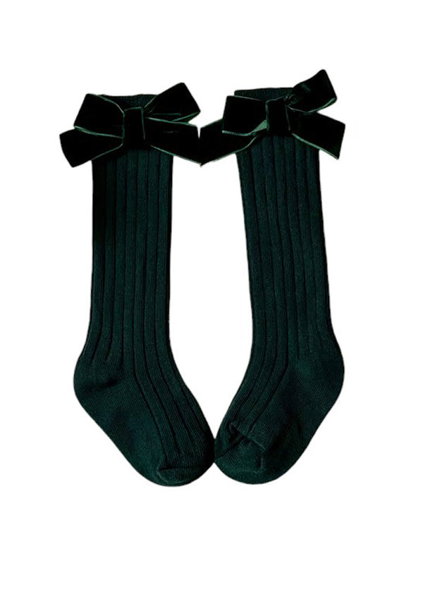 Toddler and Girls Velvet Bow Socks Green