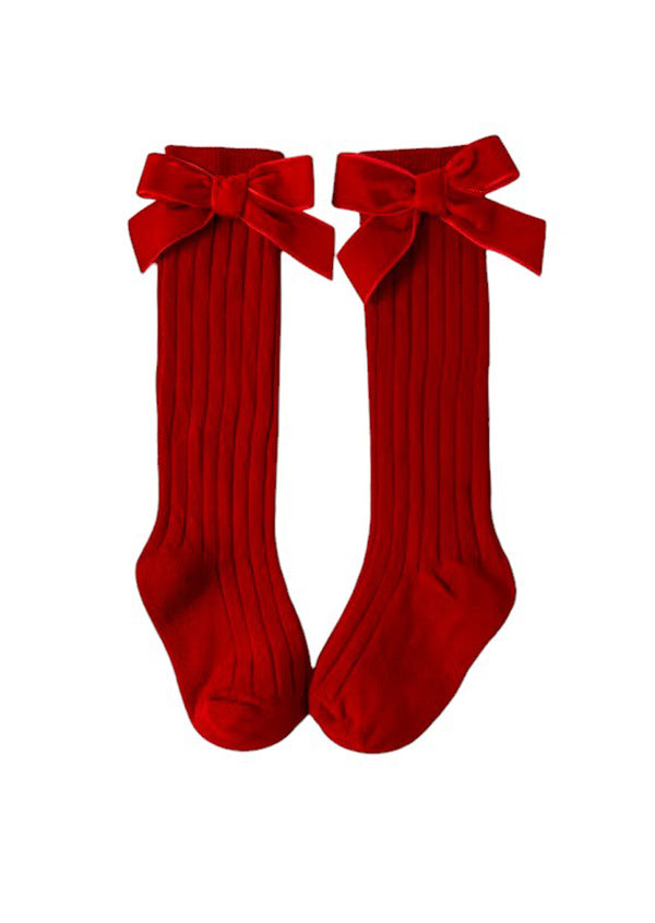 Toddler and Girls Velvet Bow Socks Red