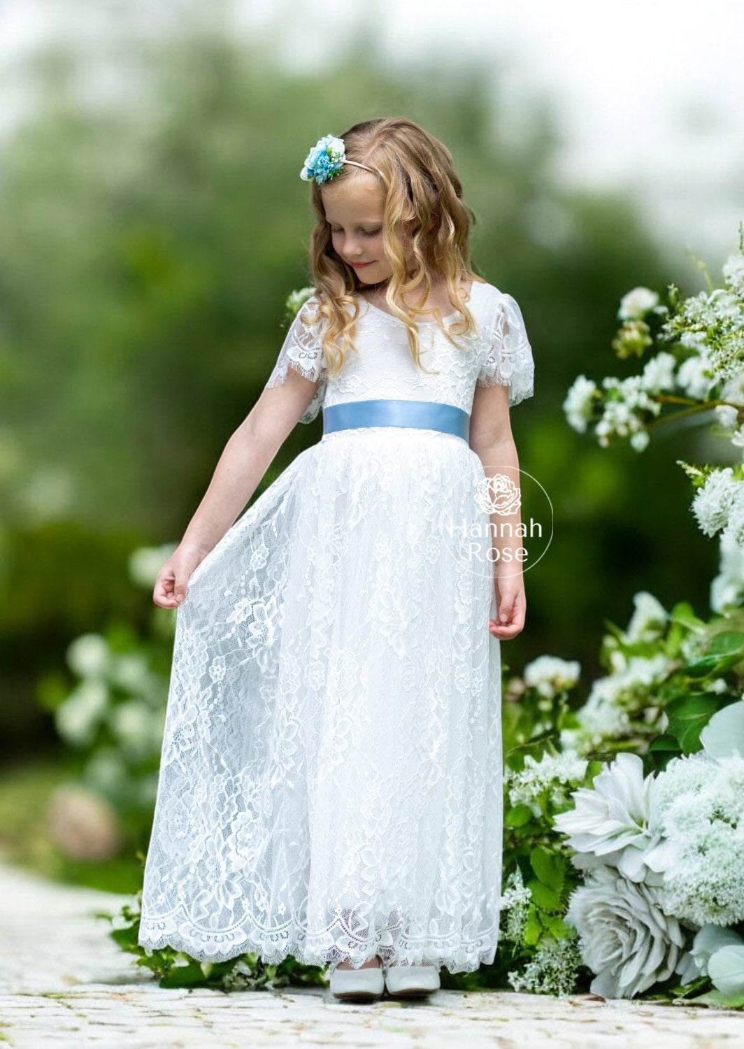White Lace Flutter Sleeve Flower Girl Dress (Clearance)