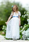 White Lace Flower Girl Dress with Flutter Sleeves