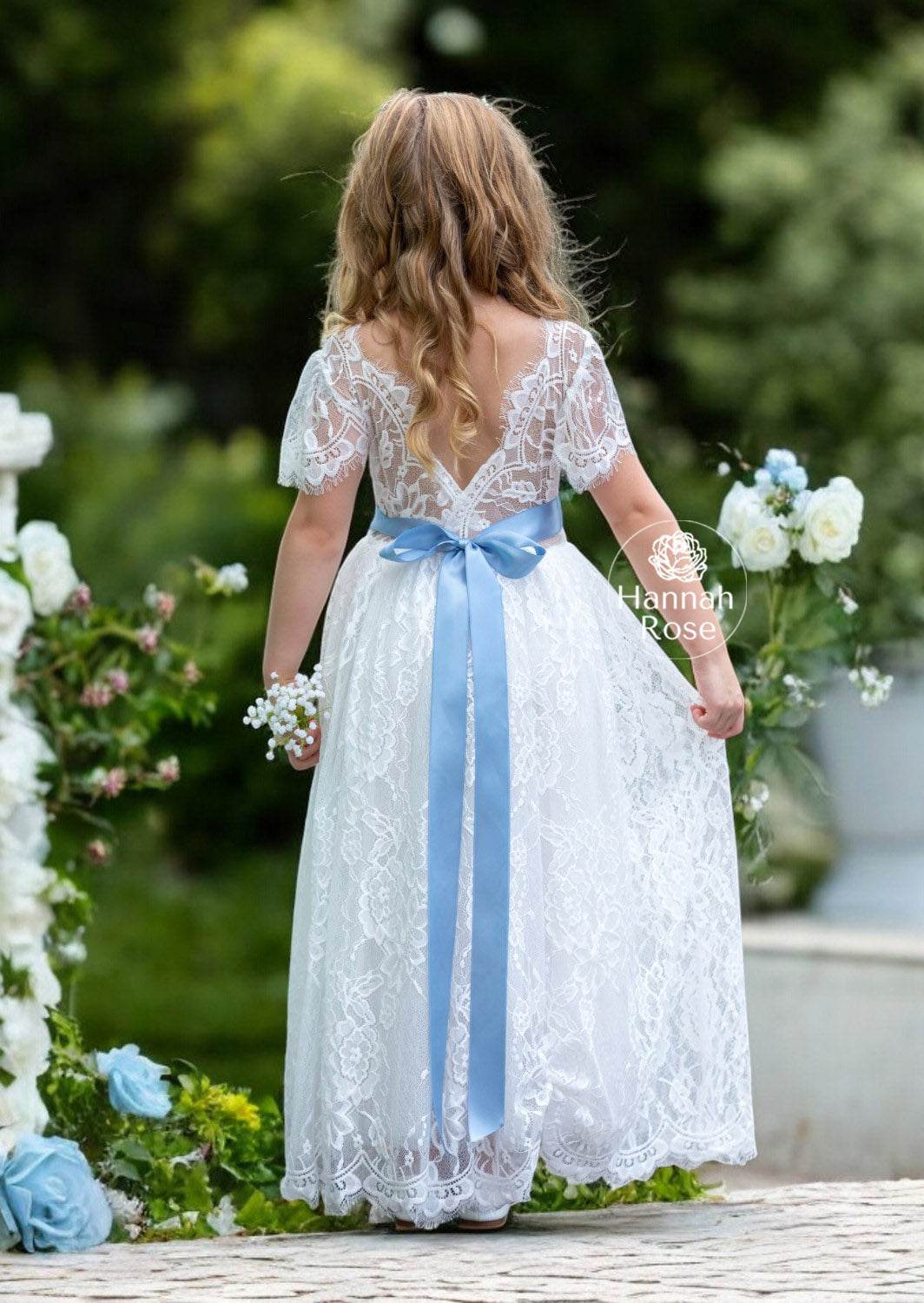 White Lace Flutter Sleeve Flower Girl Dress (Clearance)
