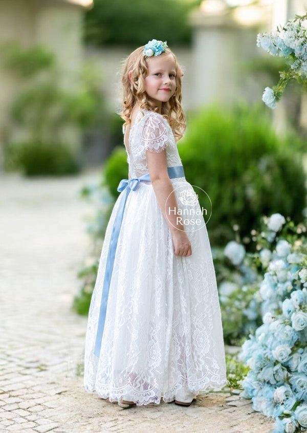 White Lace Flower Girl Dress with Flutter Sleeves