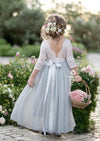 Gray tulle flower girl dresses with silver sash