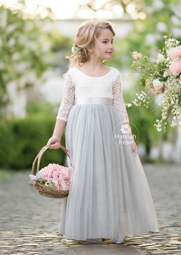 Gray and white tulle and lace flower girl dresses with silver sash