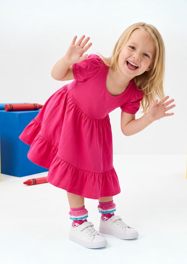 Girls Classic Cotton Twirl Dress in Hot Pink