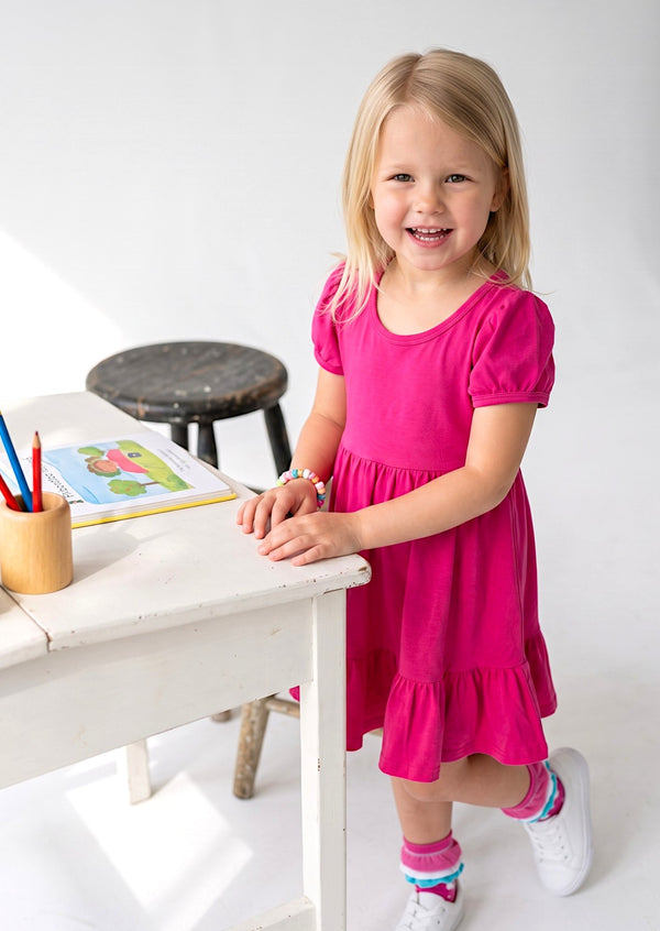 Girls Classic Cotton Twirl Dress in Hot Pink