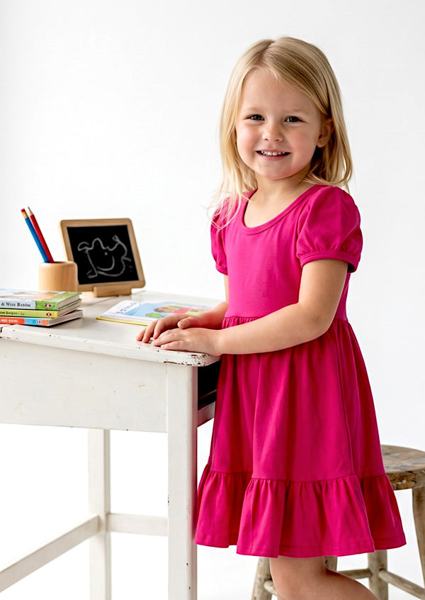 Girls Classic Cotton Twirl Dress in Hot Pink
