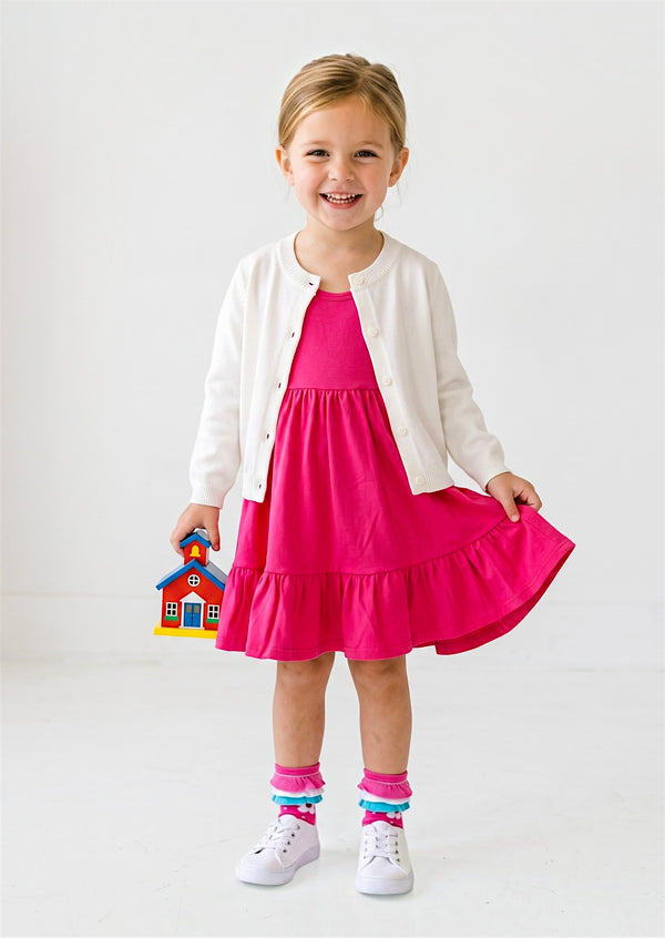 Girls Classic Cotton Twirl Dress in Hot Pink