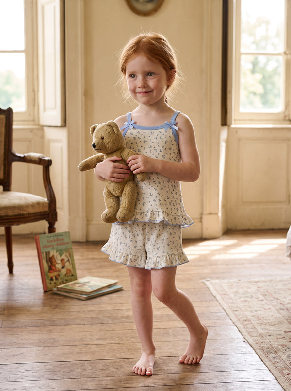Ruffle Bows Shorts and Cami Girls Blue Pajamas Set | Toddler Sleepwear