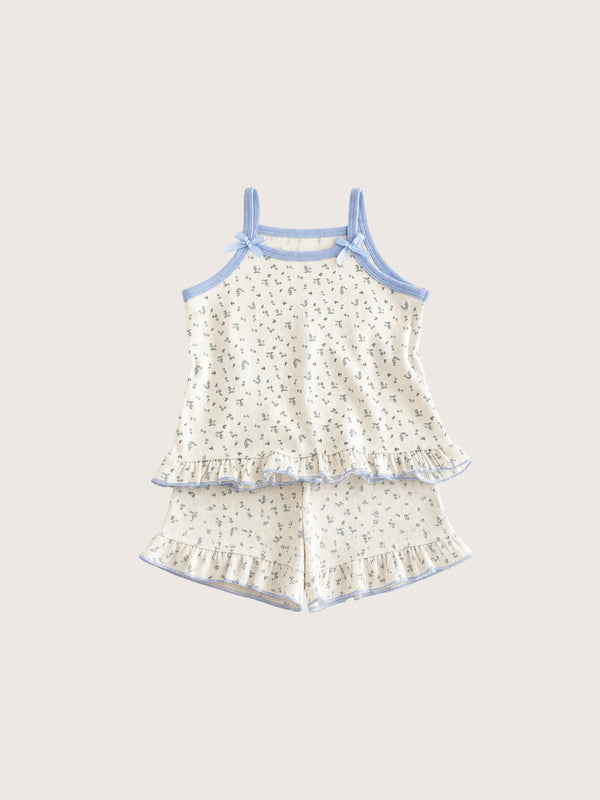 Ruffle Bows Shorts and Cami Girls Blue Pajamas Set | Toddler Sleepwear