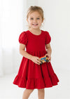Classic Cotton Puff Sleeve Twirl Dress in Red