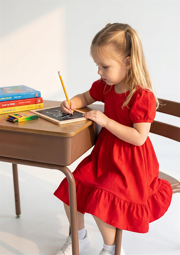 Classic Cotton Puff Sleeve Twirl Dress in Red