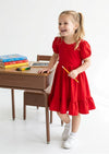Classic Cotton Puff Sleeve Twirl Dress in Red
