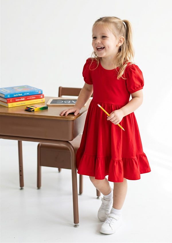 Classic Cotton Puff Sleeve Twirl Dress in Red