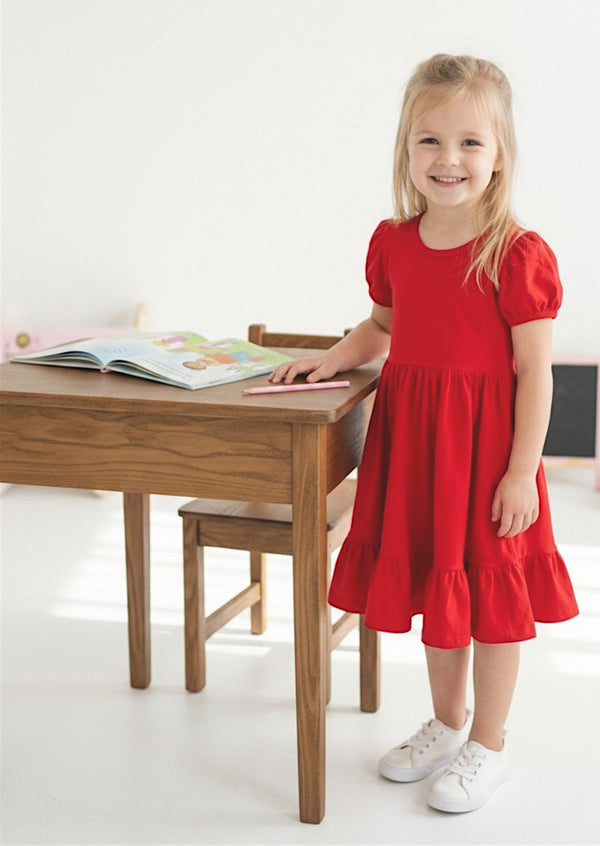 Classic Cotton Puff Sleeve Twirl Dress in Red