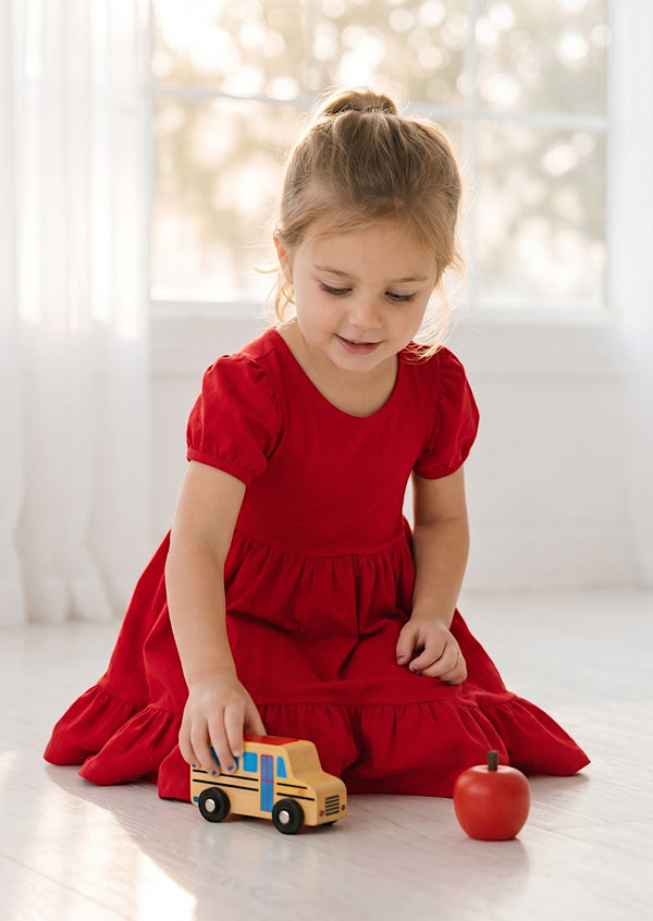 Classic Cotton Puff Sleeve Twirl Dress in Red