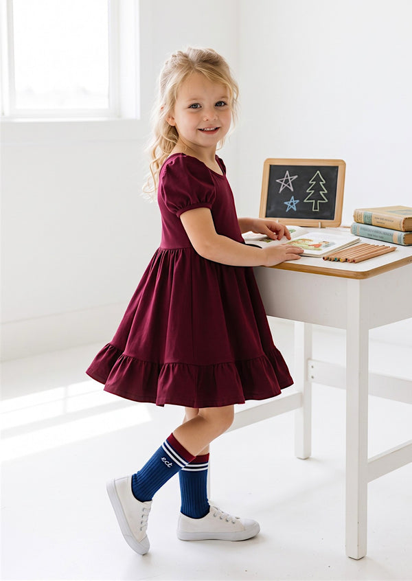 Classic Cotton Puff Sleeve Twirl Dress in Burgundy