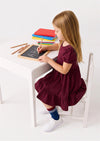 Classic Cotton Puff Sleeve Twirl Dress in Burgundy
