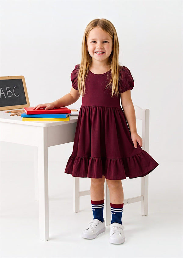 Classic Cotton Puff Sleeve Twirl Dress in Burgundy