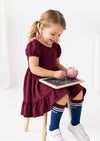 Classic Cotton Puff Sleeve Twirl Dress in Burgundy