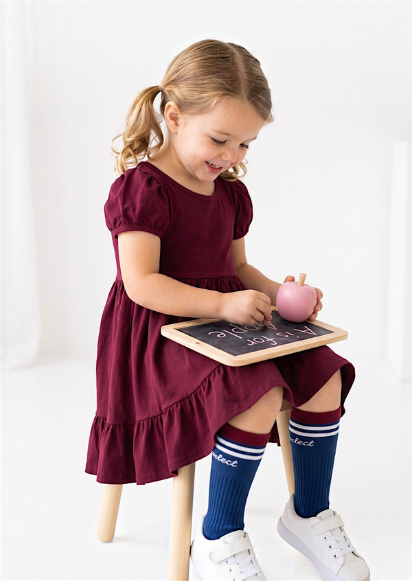 Classic Cotton Puff Sleeve Twirl Dress in Burgundy
