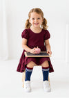 Classic Cotton Puff Sleeve Twirl Dress in Burgundy