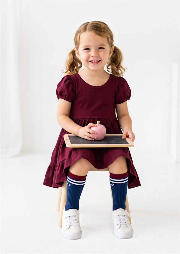 Classic Cotton Puff Sleeve Twirl Dress in Burgundy
