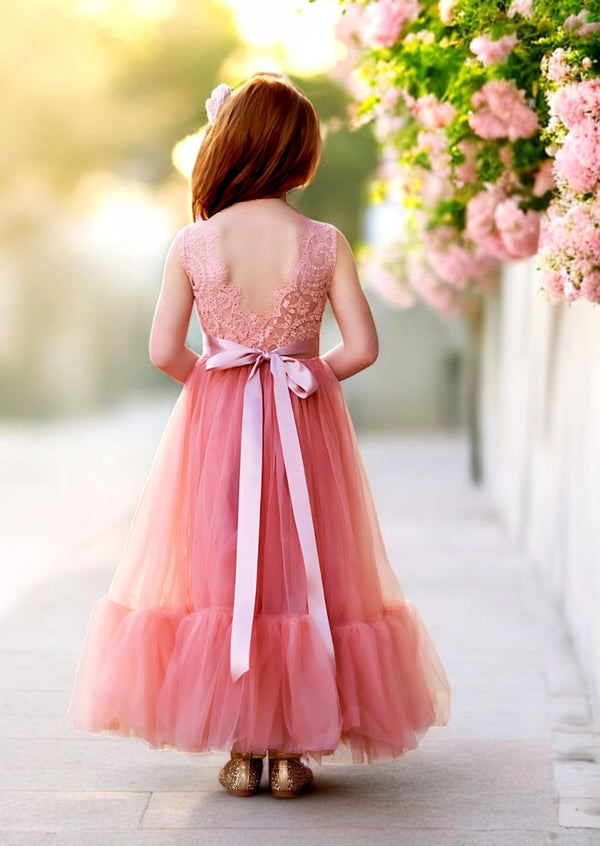 Coral tulle and lace backless flower girl dresses for toddlers