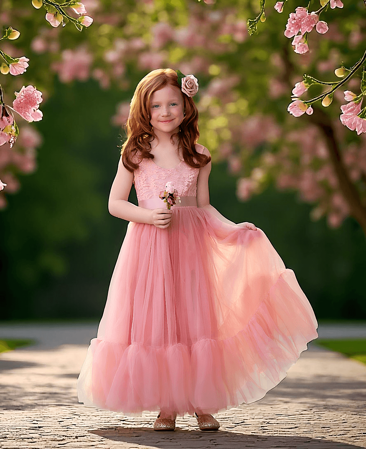 Coral Sleeveless Lace & Tulle Flower Girl & Boho Junior Bridesmaid Dress