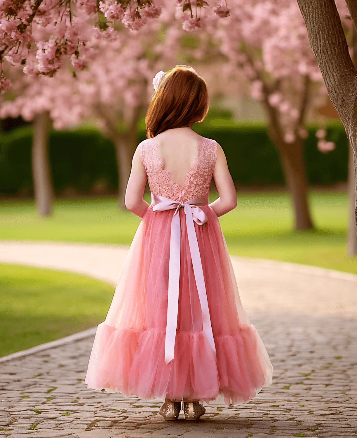 Coral Sleeveless Lace & Tulle Flower Girl & Boho Junior Bridesmaid Dress