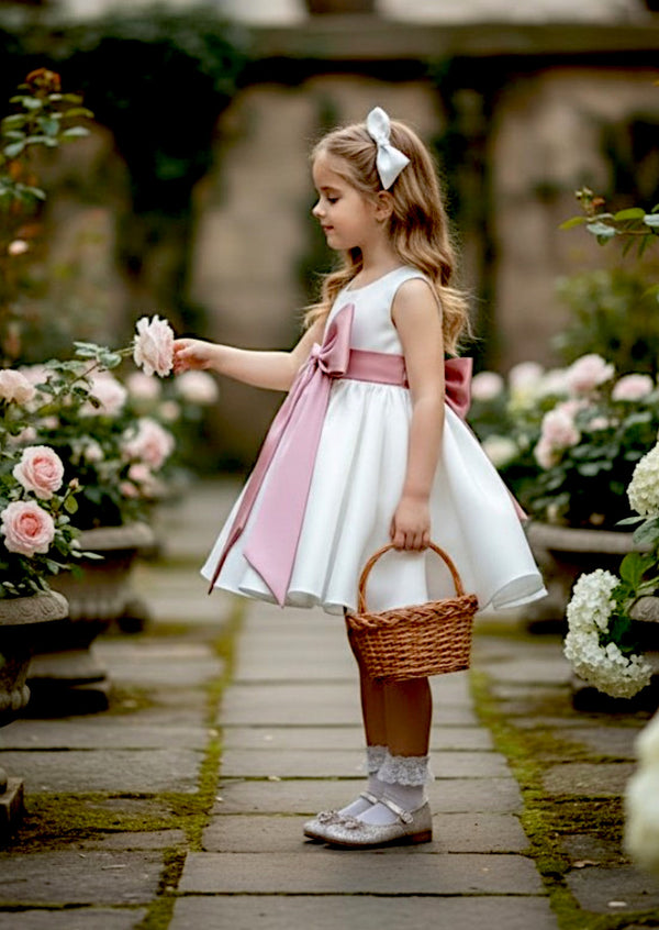 girls Dress White with Pink Satin Sash | Flower Girl Cotton Dress