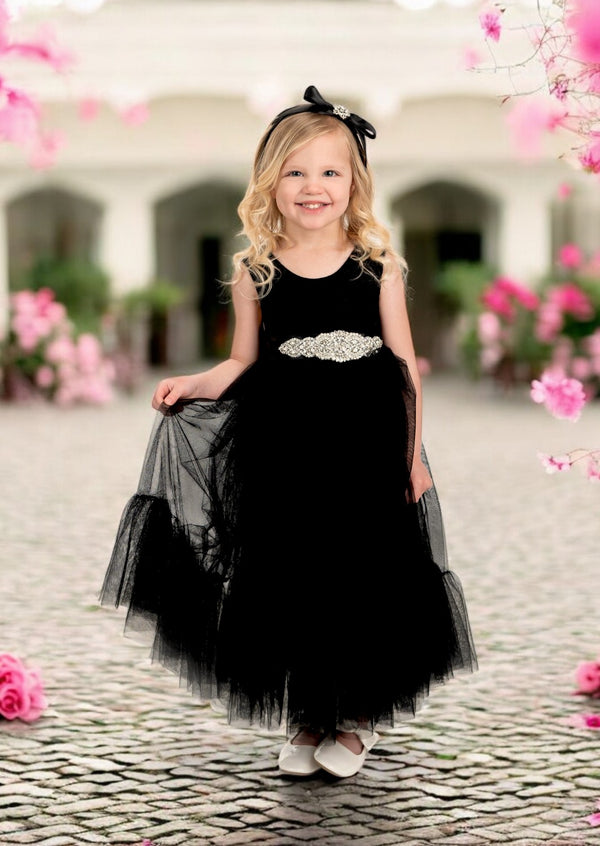 black flower girl dress with rhinestone sash