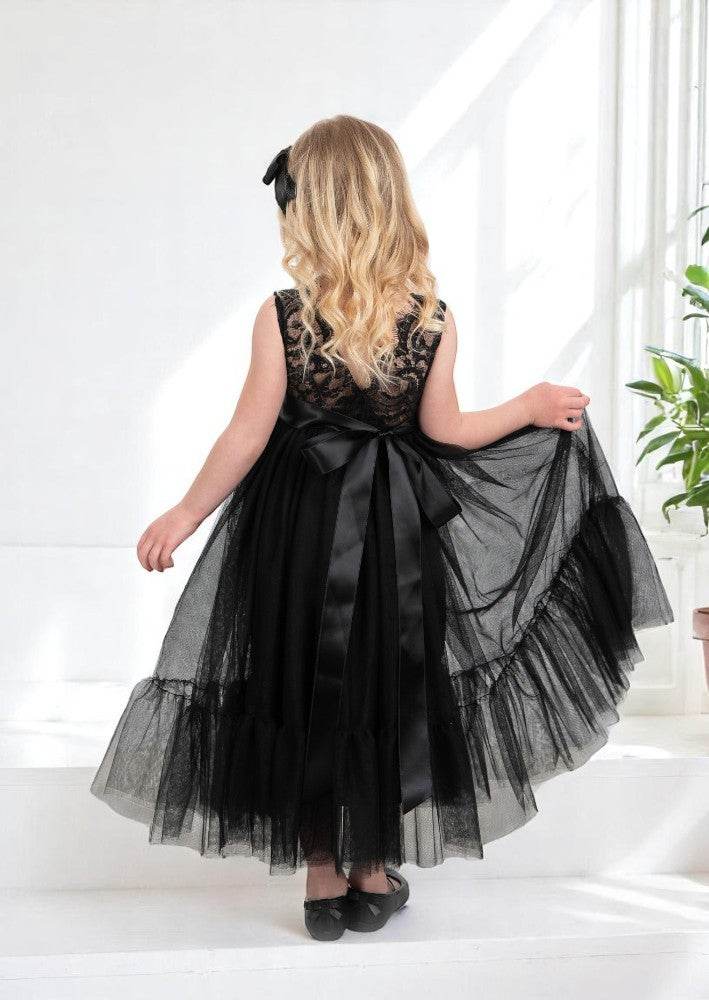 Sleeveless Black Tulle Elegant Flower Girl Dress for Black White Wedding